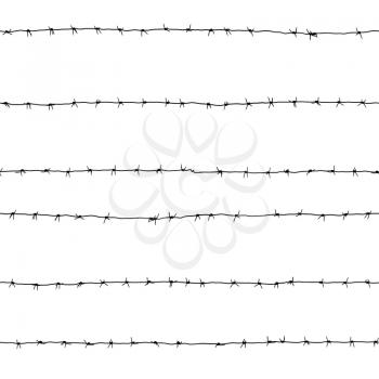 Seamless texture of black barbed wire silhouette isolated on white background