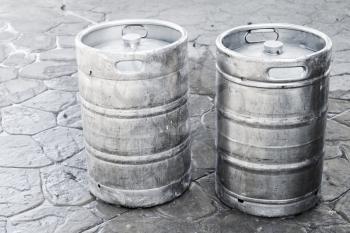Used aluminum kegs, small barrels commonly used to store, transport, and serve beer
