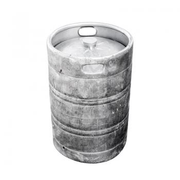 Used aluminum keg, a small barrel commonly used to store, transport, and serve beer. Closeup photo isolated on white