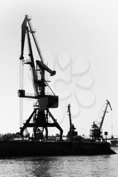 Dark silhouettes of industrial port cranes. Danube River coast in Bulgaria. Black and white vertical photo
