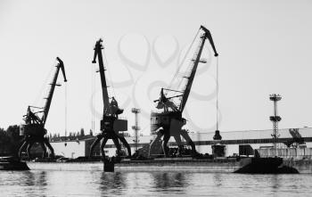 Dark silhouettes of industrial port cranes. Danube River coast, Bulgaria. Monochrome photo