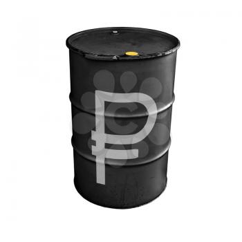 Black metal barrel with Russian ruble sign isolated on white background