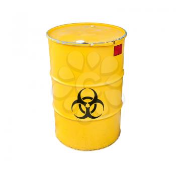 Yellow metal barrel with black biohazard warning sign isolated on white background