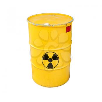 Yellow metal barrel with black radioactive warning sign isolated on white background