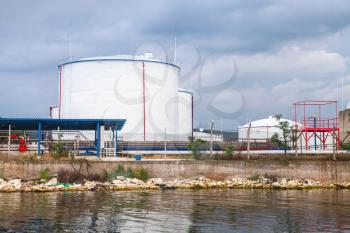 White oil tanks on Black sea coast in Varna port, Bulgaria