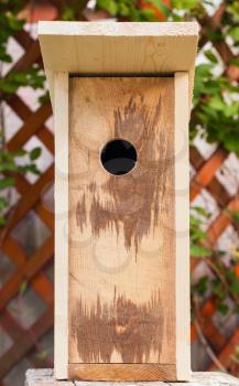 Unfinished new homemade birdhouse made of wood, closeup front view