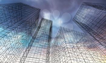 Abstract digital graphic background. Modern skyscrapers perspective. Black wire frame lines over colorful dramatic cloudy sky background. 3d render illustration