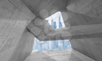 Abstract concrete interior with window and futuristic cityscape skyline background. 3d render illustration