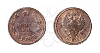 Old copper Russian coin. 2 kopeck (Alexander I, 1813)