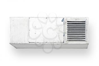 old ventilation element: white painted rough box with grid and empty label place in center. Photo isolated on white background with soft shadow