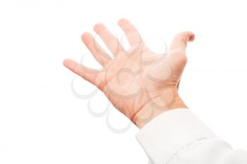 Right business man hand with empty place for hold or grab something, studio photo isolated on white with selective focus