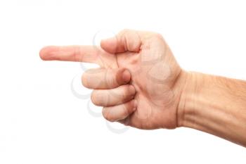 Right male hand with index finger showing left direction, photo with selective focus isolated on white background