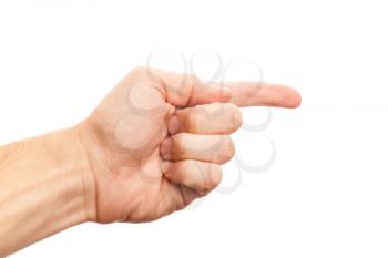 Left male hand with index finger, photo with selective focus isolated on white background