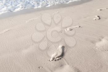 Footprints near the shoreline in white coastal sand on the beach
