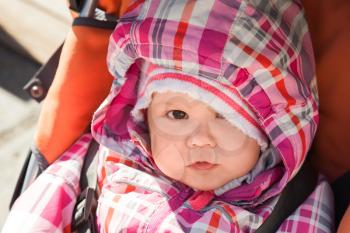 Little baby girl in warm outwear seats in pram on the walk