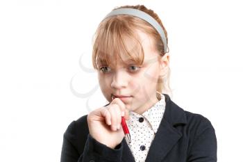 Closeup portrait of blond Caucasian thinking schoolgirl  isolated on white 