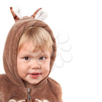Portrait of smiling Caucasian baby girl in bear costume isolated on white