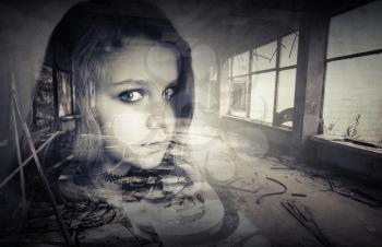 Conceptual photo collage with beautiful teenage girl portrait over old abandoned interior, multiple exposure 