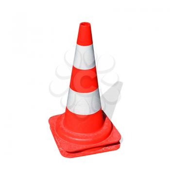 Red striped warning road cone isolated on white background with gray shadow