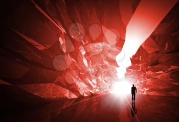 Man walks through the fantasy red crystal corridor with bright glowing end