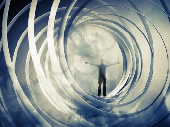 Man stands inside spiral abstraction on dark toned background