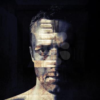Stylized closeup portrait of grungy bad man, dark moody toned illustration