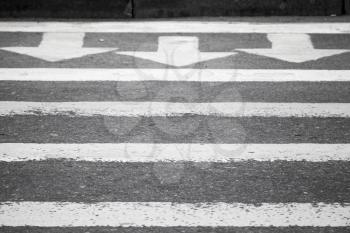Three white arrows and lines on dark gray asphalt road, pedestrian crossing road marking