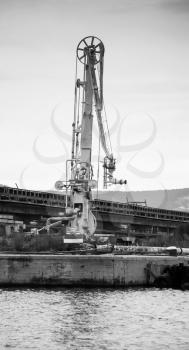 Oil pump. Equipment for tankers loading, black and white photo