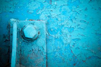 grunge industrial background with old blue painted steel construction and bolt