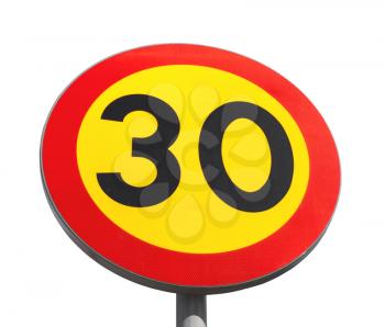 Bright speed limit road sign isolated on white background