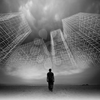 Man goes under dark cloudy sky with abstract wire frame structures, black and white collage photo mixed with digital 3d illustration