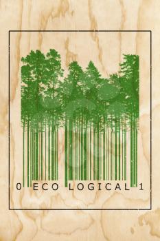 Ecological natural product bar code concept with green trees silhouettes over wooden texture