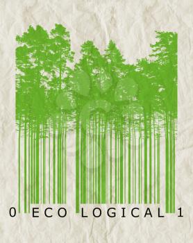 Ecological natural product bar code concept with green trees silhouettes over old paper texture