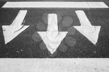 White arrows over highway asphalt, pedestrian crossing road marking fragment