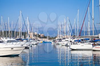 Yachts moored in marina of Ajaccio, the capital of Corsica, French island in the Mediterranean Sea