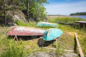Small rowboats lay upside down on the coast of still lake in reed