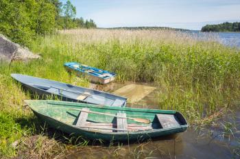 Small rowboats lay on the coast of still lake in reed