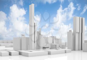 Abstract contemporary cityscape over blue sky, tall houses, industrial buildings and office towers. 3d render illustration isolated on white