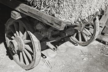 Fragment of an old rural wooden cart with hay, black and white photo