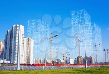 Block of flats under construction, working cranes and wire-frame structures of future buildings, photo collage