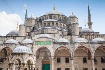 Facade of Blue Mosque or Sultan Ahmed Mosque, it is a historic mosque located in Istanbul, Turkey, one of the most popular city landmarks. It was built between 1609 and 1616 during the rule of Ahmed I