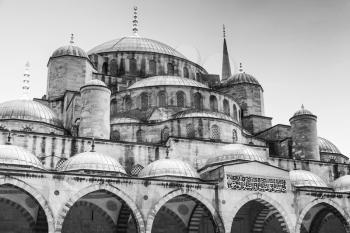 Facade of Blue or Sultan Ahmed Mosque, it is a historic mosque located in Istanbul, Turkey, one of the most popular landmarks. It was built between 1609 and 1616. Black and white retro stylized photo