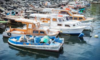 Wooden fishing boats moored in small port of Avcilar, district of Istanbul, Turkey