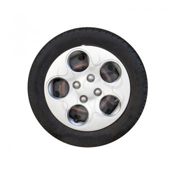 Used city car wheel on gray light alloy disc isolated on white background