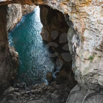 Square landscape of Grotta del Turco. It is a popular grotto which ends directly in the sea. Gaeta, Italy 