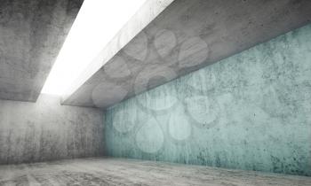 Abstract architecture interior background, empty gray concrete room with white light opening in ceiling and one green blue wall, 3d illustration