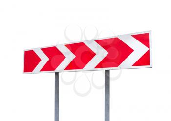 Dangerous turn. Red and white stripped arrow. Road sign isolated on white background with perspective effect