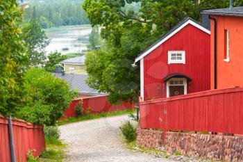 Red wooden houses in old town of Porvoo, Finland