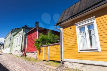 Street view of Porvoo town, Finland. Colorful facades of small wooden houses