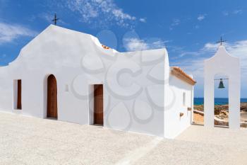 Agios Nikolaos. White Orthodox church on the Sea. Coast of island Zakynthos, Greece